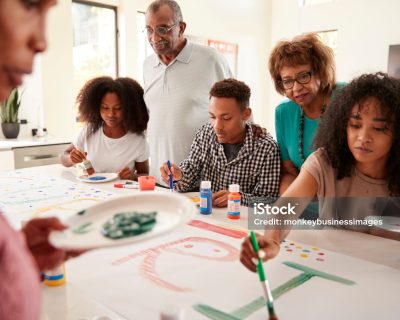 Three generation black family in the kitchen making a sign for a surprise party together, close up